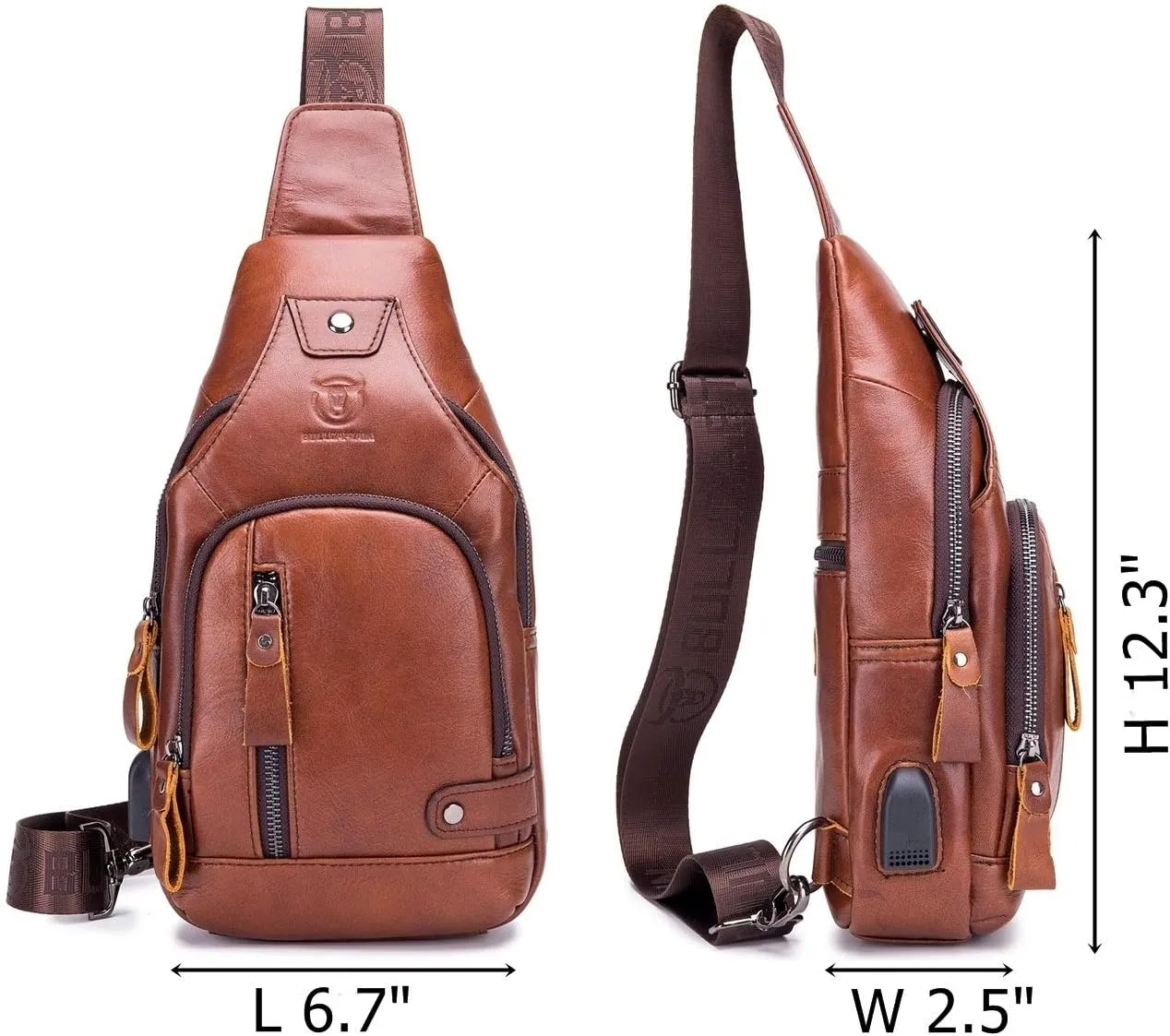 BULLCAPTAIN Genuine Leather Mens Sling Bag Multipurpose Travel Crossbody Chest Bag Daypacks with USB Charging Port