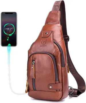 BULLCAPTAIN Genuine Leather Mens Sling Bag Multipurpose Travel Crossbody Chest Bag Daypacks with USB Charging Port