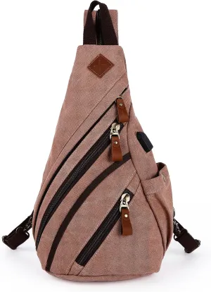 Canvas Sling Bag Crossbody Backpack Genuine Leather Shoulder Bag Casual Daypacks For Men