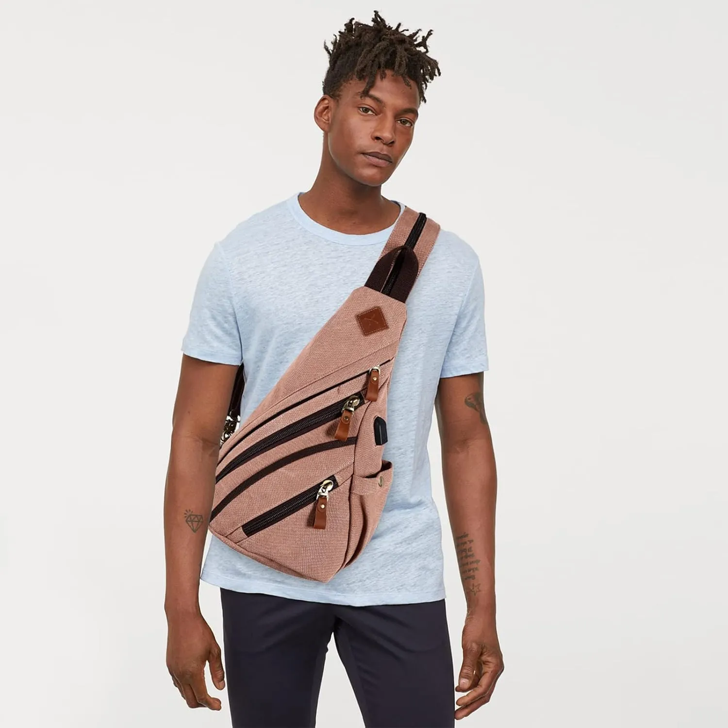 Canvas Sling Bag Crossbody Backpack Genuine Leather Shoulder Bag Casual Daypacks For Men