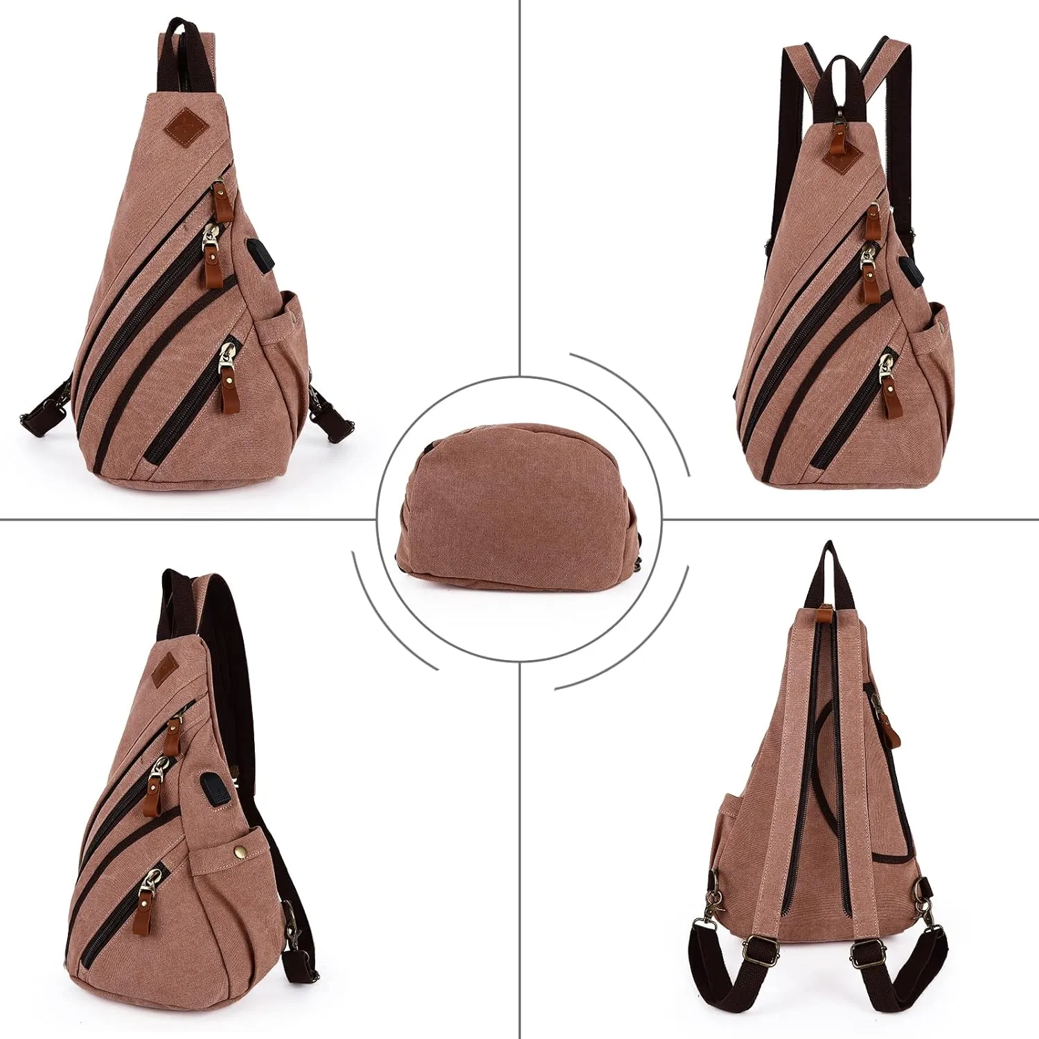 Canvas Sling Bag Crossbody Backpack Genuine Leather Shoulder Bag Casual Daypacks For Men