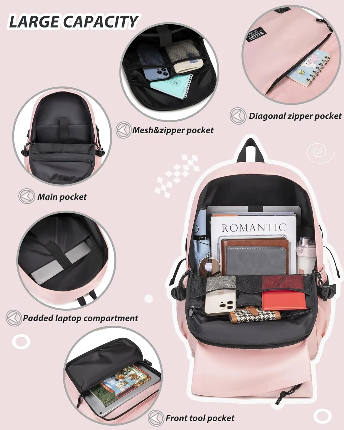 Caoroky knight College School Bag for Men Women Laptop Backpack 15.6 Inch Anti Theft Travel Daypack Large Elementary Middle High Bookbags for Teens Girls Boys Students-Medium,Pink