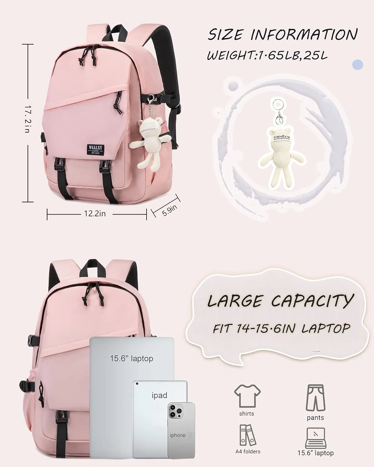 Caoroky knight College School Bag for Men Women Laptop Backpack 15.6 Inch Anti Theft Travel Daypack Large Elementary Middle High Bookbags for Teens Girls Boys Students-Medium,Pink