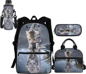 Cat Tiger Backpack for Girls with Lunch Box Pencil Purse 3-5 6-8 10-12 Kids School Bag Children Schoolbag Elementary Kindergarten Preschool Bookbag Water Bottle Sleeve