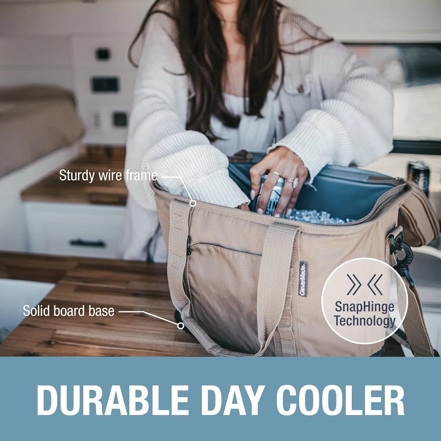 CleverMade Collapsible Cooler Bag, 30 Can Beach & Travel Car Cooler, Folding Soft Cooler, Shoulder Strap, Bottle Opener, Great Car Coolers for Travel, Leak Proof Cooler Bag [Cool Gray/Cognac]