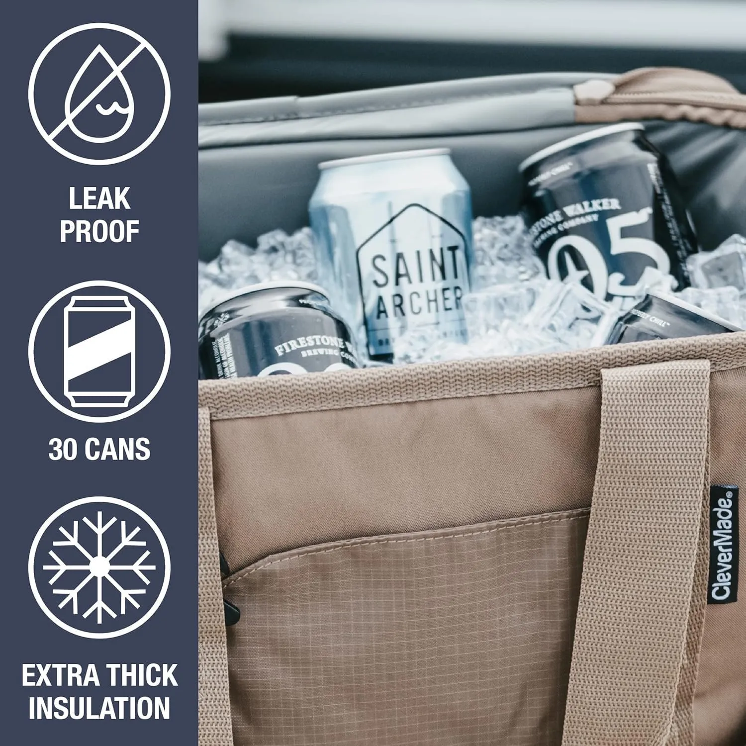 CleverMade Collapsible Cooler Bag, 30 Can Beach & Travel Car Cooler, Folding Soft Cooler, Shoulder Strap, Bottle Opener, Great Car Coolers for Travel, Leak Proof Cooler Bag [Cool Gray/Cognac]