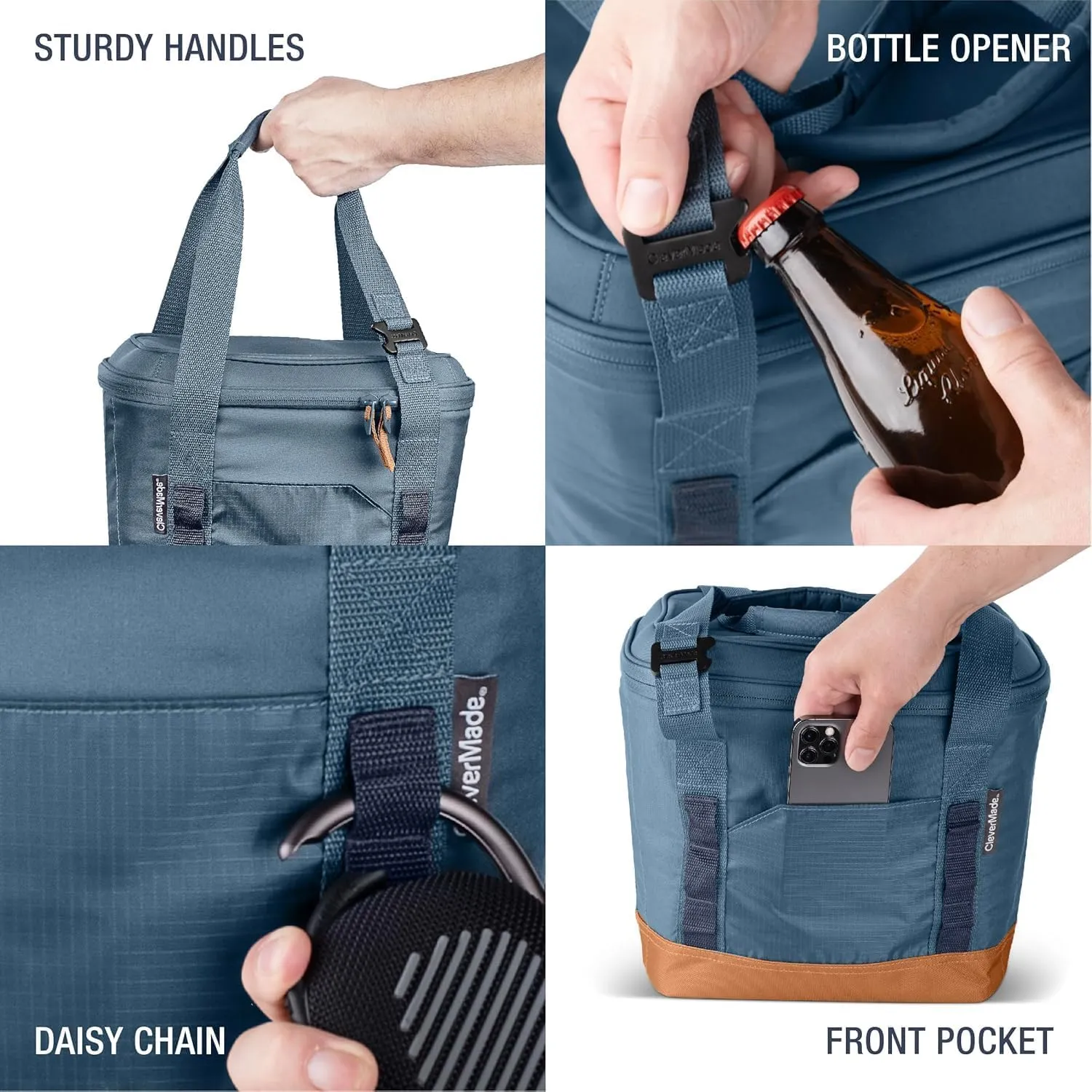 CleverMade Collapsible Cooler Bag, 30 Can Beach & Travel Car Cooler, Folding Soft Cooler, Shoulder Strap, Bottle Opener, Great Car Coolers for Travel, Leak Proof Cooler Bag [Cool Gray/Cognac]