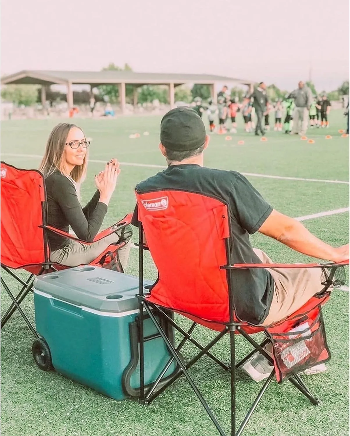 Coleman Portable Quad Camp Chair with 4-Can Cooler, Cushioned Seat & Back with Side Pockets & Cup Holder, Carry Bag Included