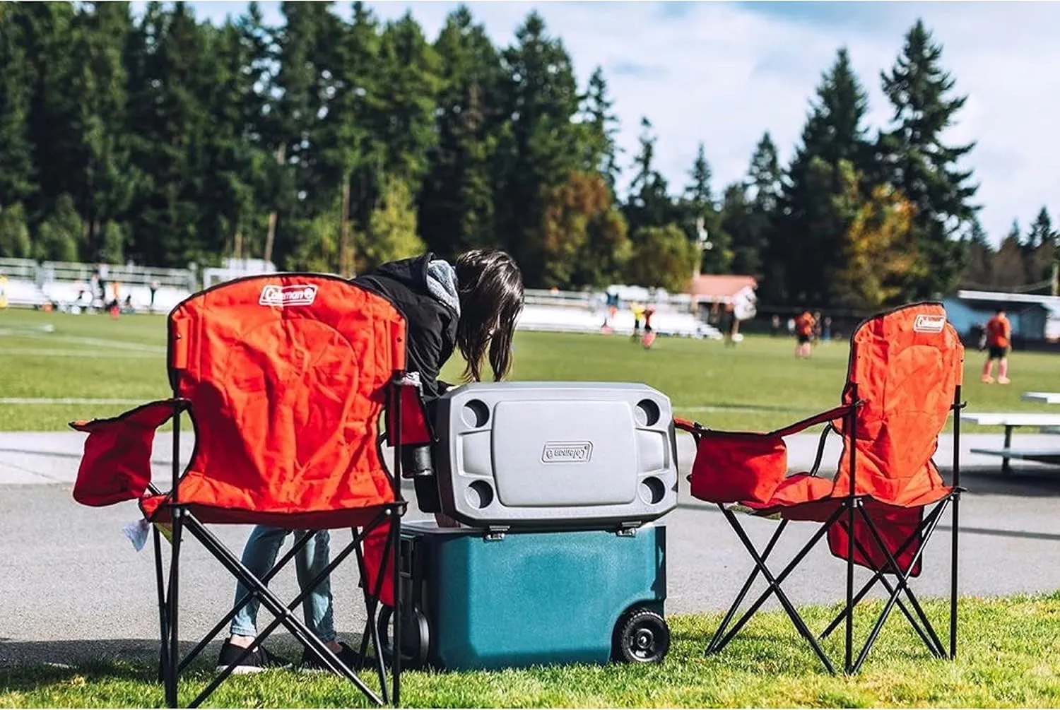 Coleman Portable Quad Camp Chair with 4-Can Cooler, Cushioned Seat & Back with Side Pockets & Cup Holder, Carry Bag Included