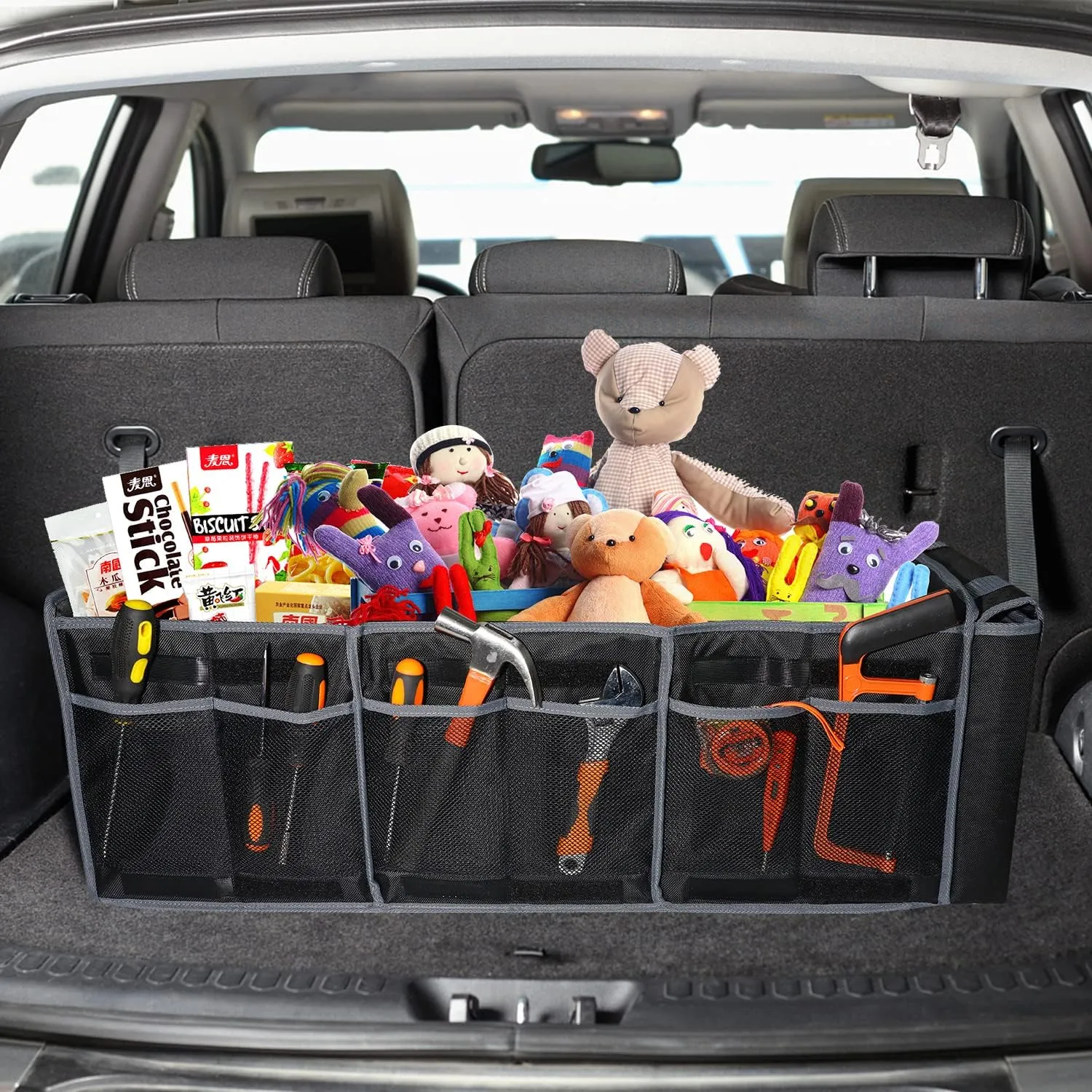 Collapsible Trunk Organizer with Insulated Leakproof Cooler Bag,Removable Lid,Adjustable Securing Straps,3 Compartments Trunk Organizer for SUV,Truck,Sedan(Grey & Black)