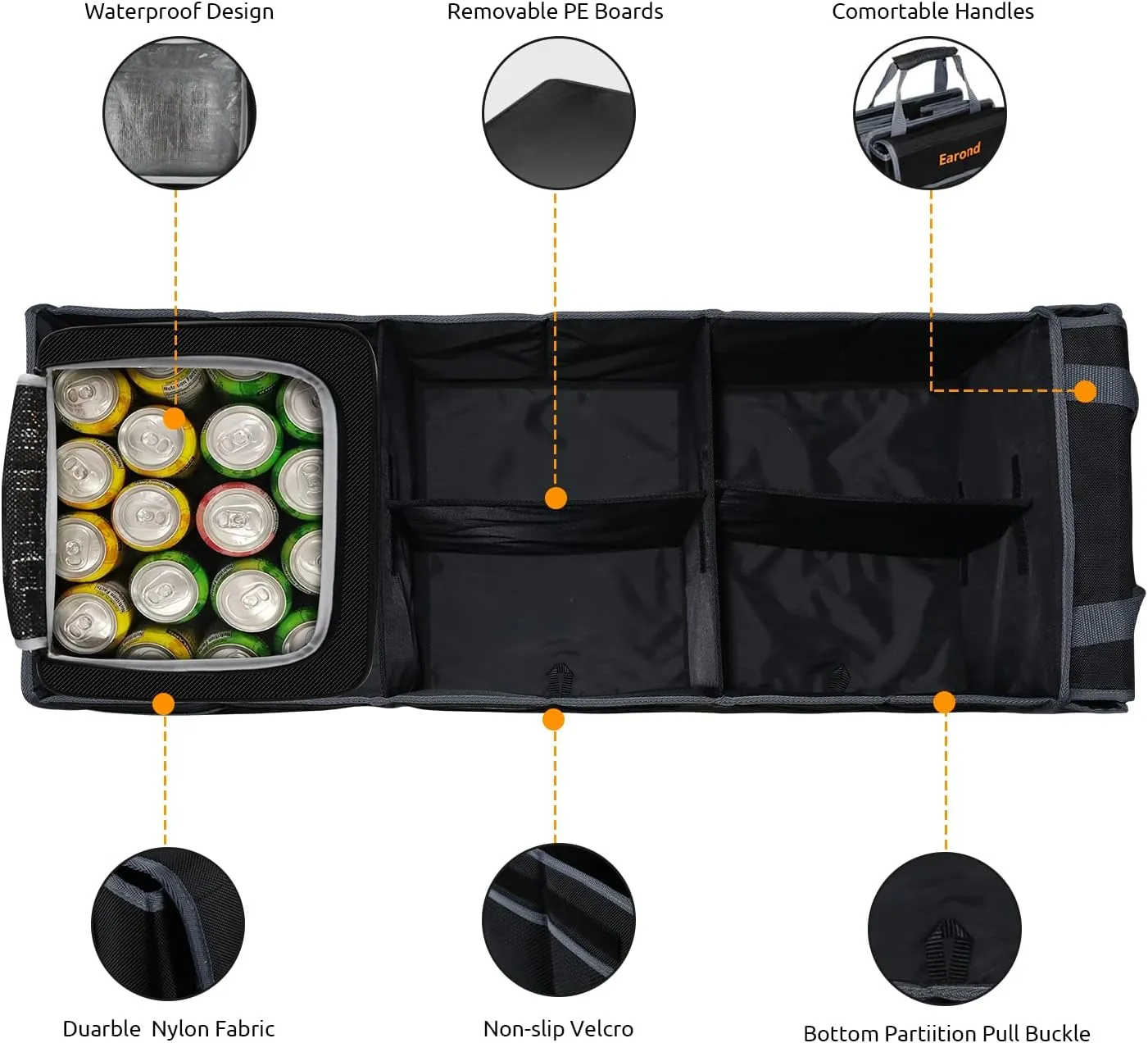 Collapsible Trunk Organizer with Insulated Leakproof Cooler Bag,Removable Lid,Adjustable Securing Straps,3 Compartments Trunk Organizer for SUV,Truck,Sedan(Grey & Black)
