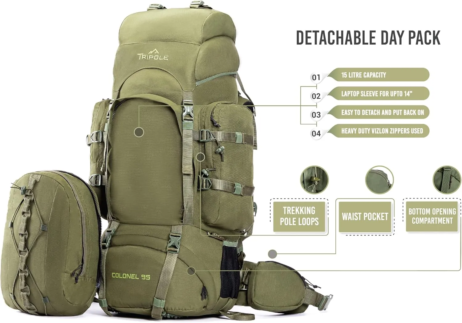 Colonel 95 Litres Rucksack   Detachable Day Pack