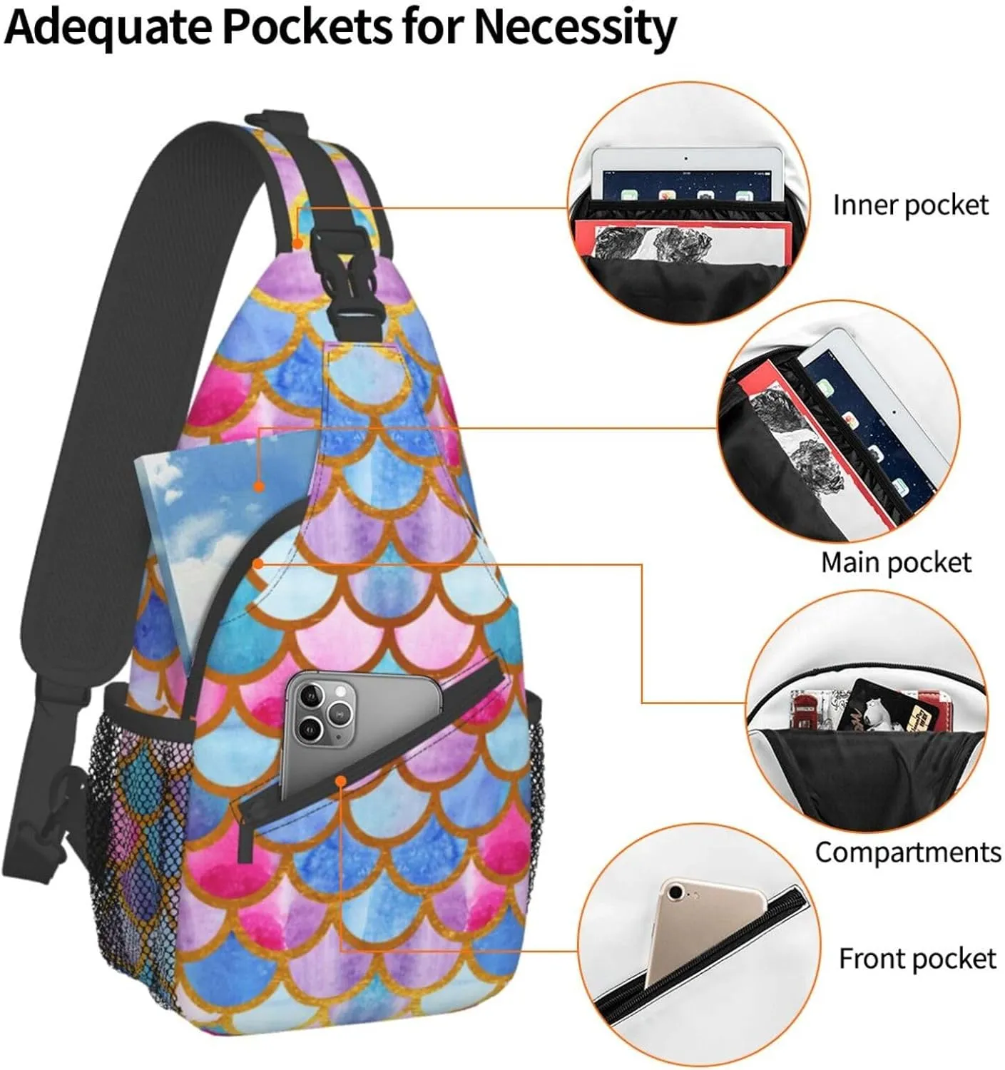 Colorful Mermaid Scales Unisex Sling Daypacks Adjustable Rope Shoulder Chest Bags Gym Sport Travel Hiking Daypack For Men Women Gift