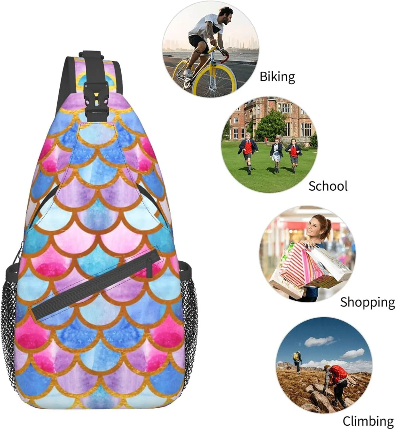 Colorful Mermaid Scales Unisex Sling Daypacks Adjustable Rope Shoulder Chest Bags Gym Sport Travel Hiking Daypack For Men Women Gift