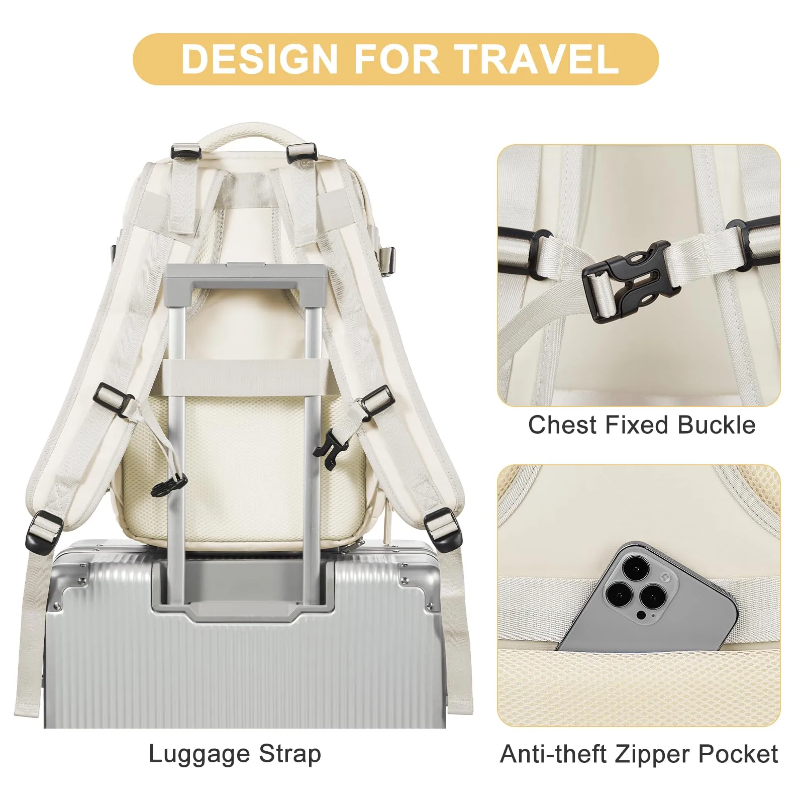 coofay Travel Backpack Carry on Flight Approved Mochila De Viaje Personal Item Backpack for Airlines Frontier Airlines Personal Item Bag Large Backpack for Travel Backpacks for Men Women Beige