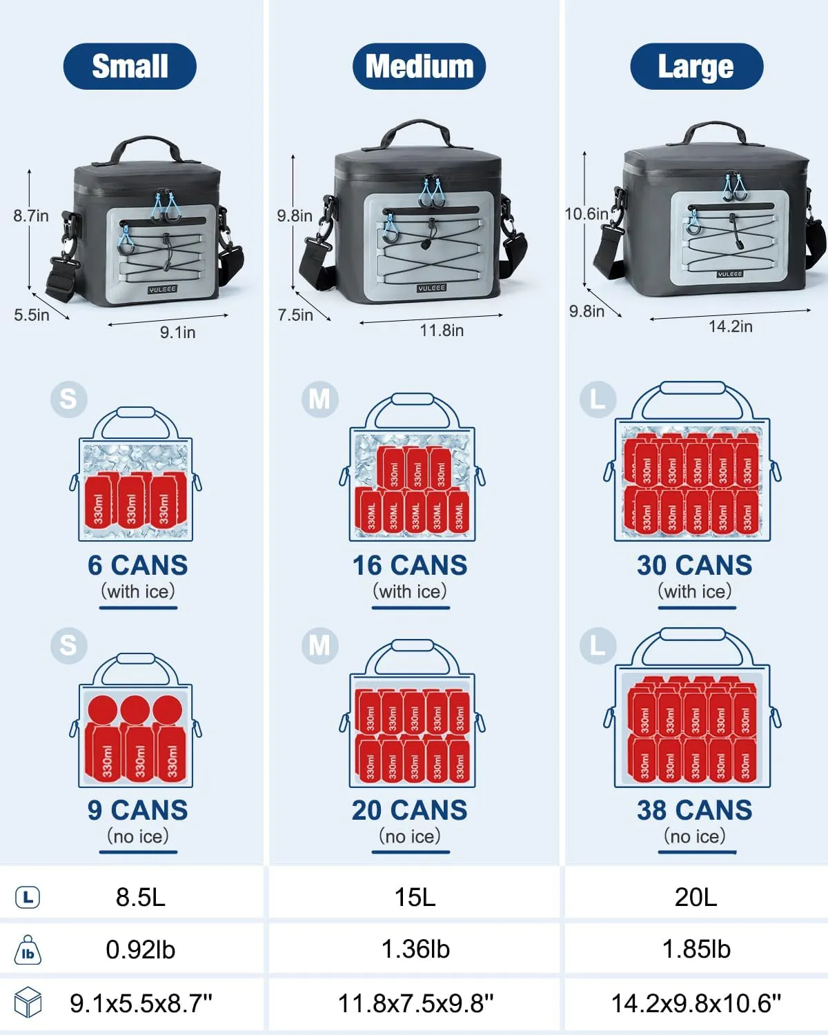 Cooler Bag, 8/16/30 Can Soft Sided Small Portable Insulated Cooling Pack, Everyday Lunch Cooler, Leakproof Ice Chest for Beach, Camping, Travel, Picnic