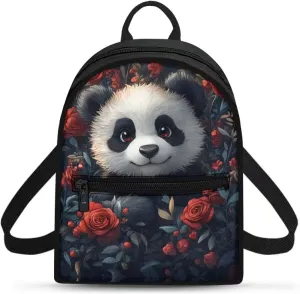 Cute Panda Floral Small Women's Backpack, Stylish Durable Daypack, Non-Waterproof Mini Rucksack with Adjustable Straps, Fits Phone/Wallet