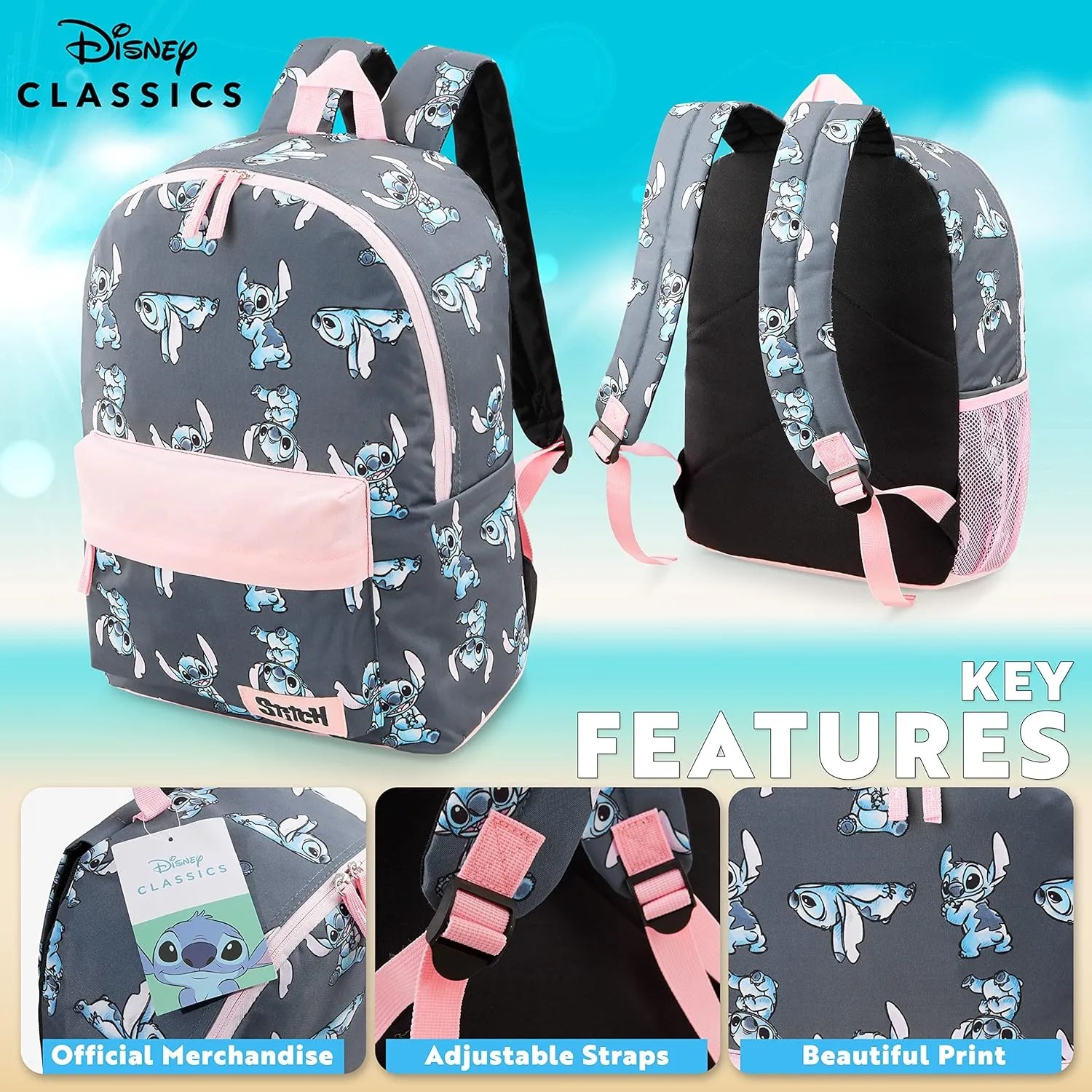 Disney Backpack for Girls, Stitch School Bags for Girls (Navy/Pink)