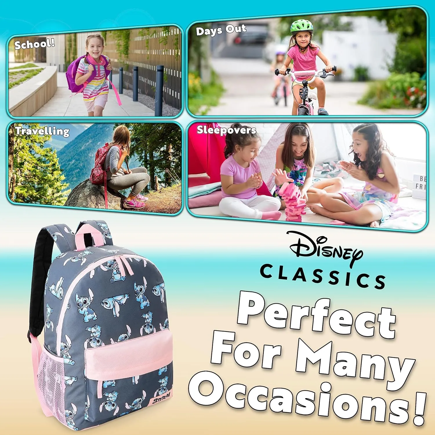 Disney Backpack for Girls, Stitch School Bags for Girls (Navy/Pink)