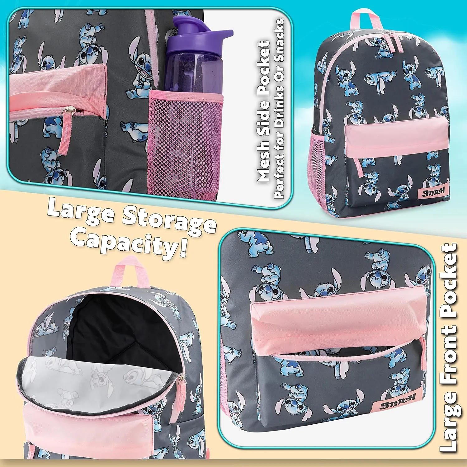 Disney Backpack for Girls, Stitch School Bags for Girls (Navy/Pink)