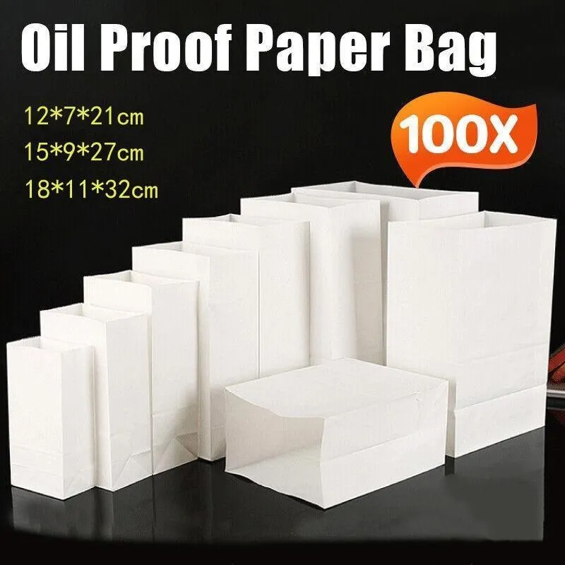Disposable Greaseproof Paper Bags 100PCS 3Sizes White