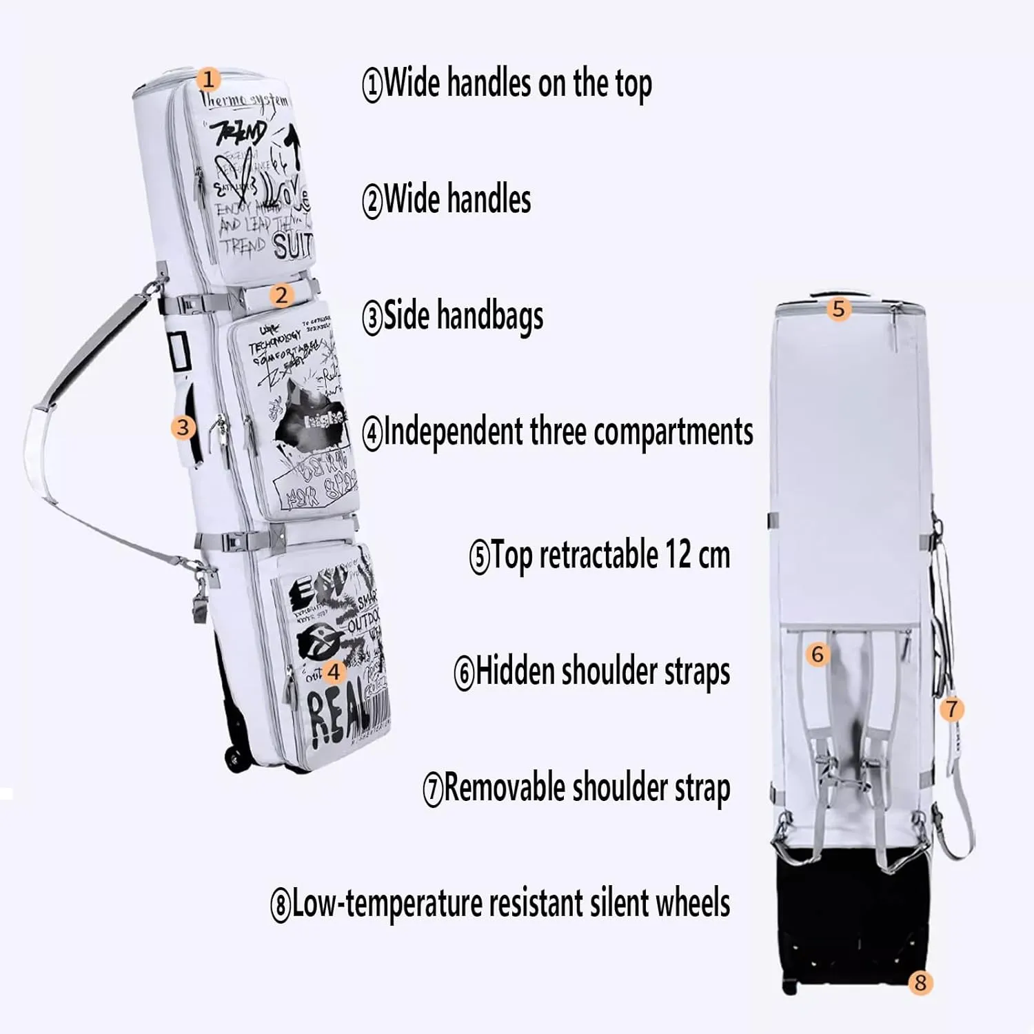 Double Rolling Ski Bag Padded Waterproof Snowboard Bag with Wheels Adjustable Length Ski Travel Bag for Air Travel Foldable Wheeled Ski Bag