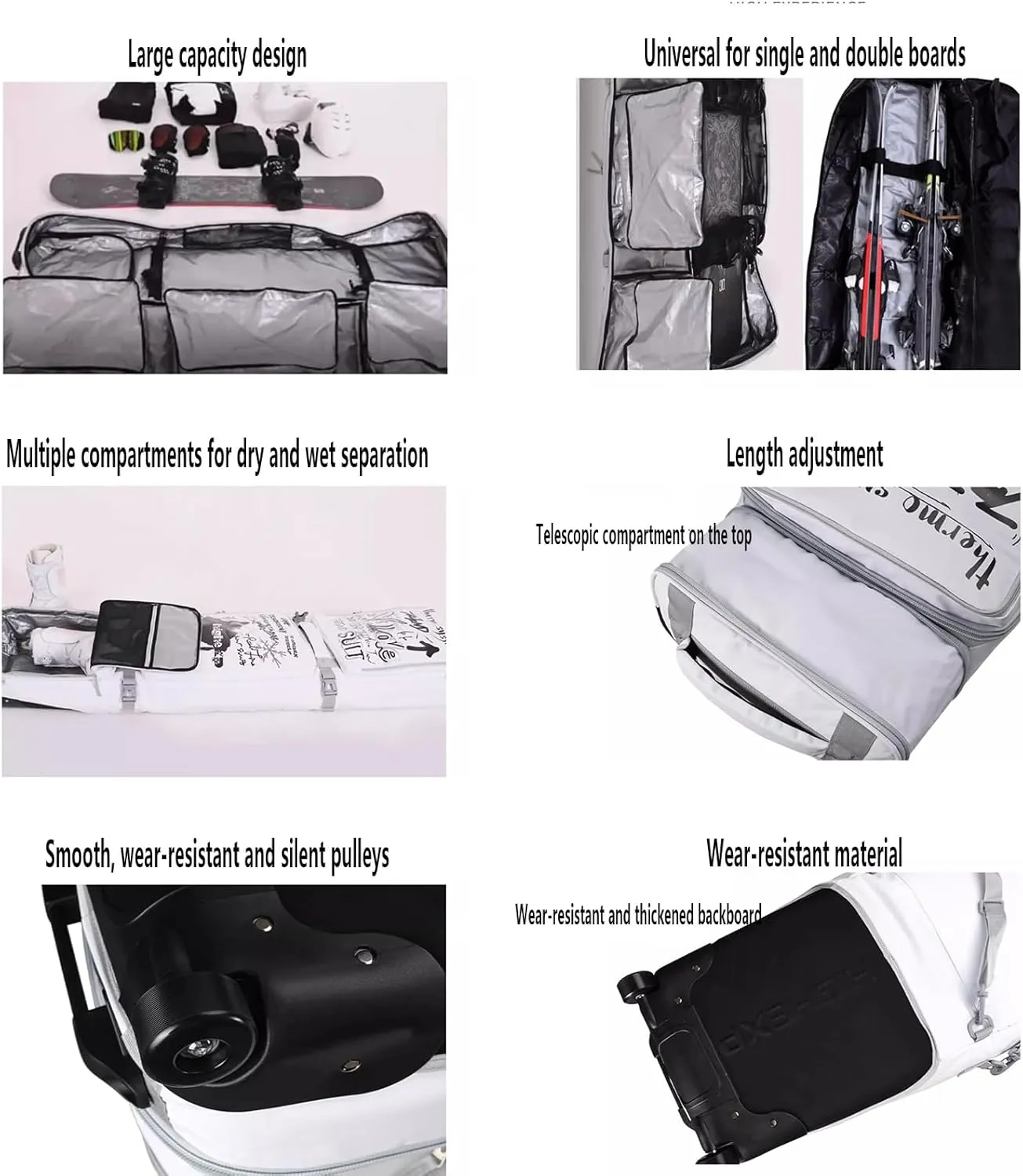 Double Rolling Ski Bag Padded Waterproof Snowboard Bag with Wheels Adjustable Length Ski Travel Bag for Air Travel Foldable Wheeled Ski Bag