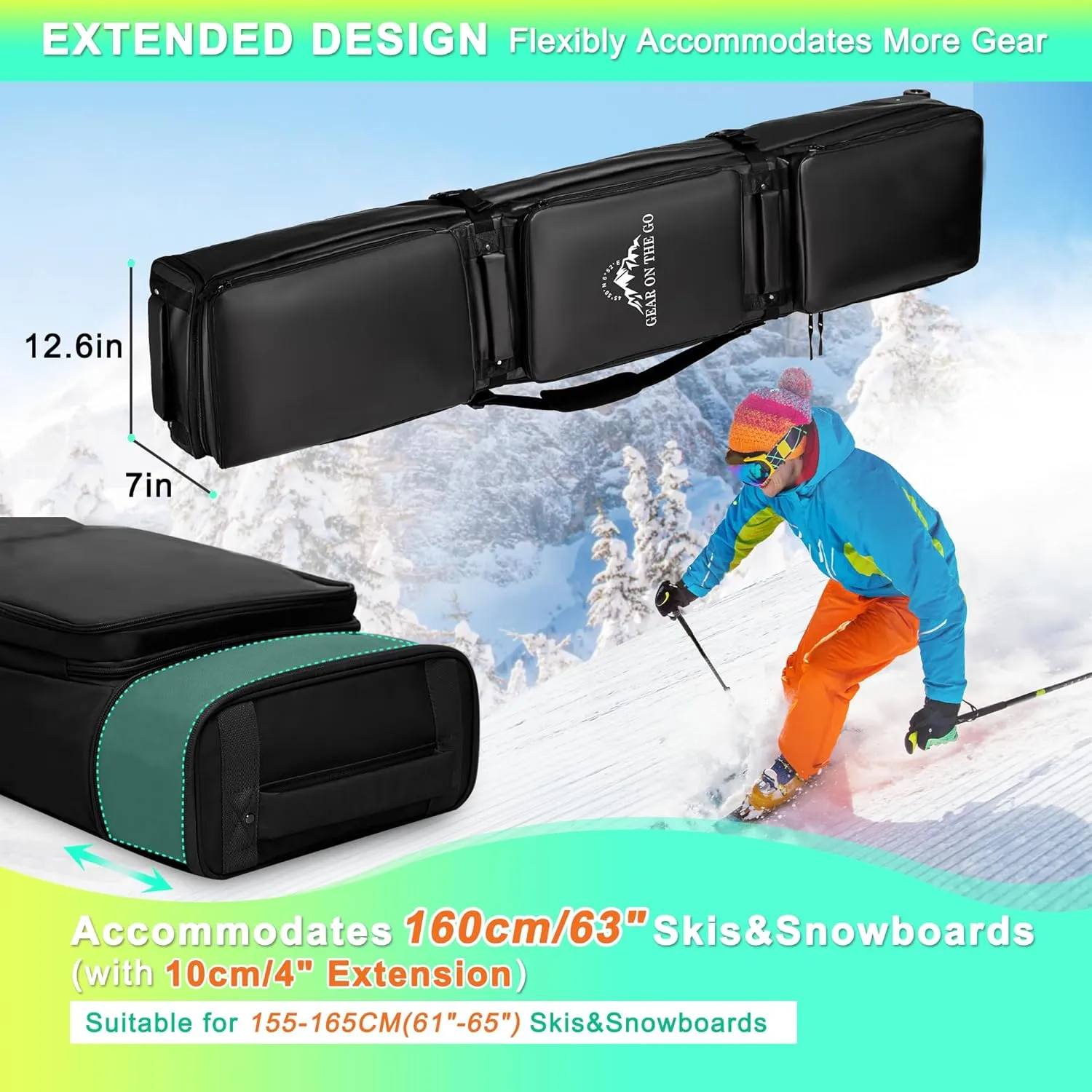 Double Rolling Ski Bag Padded Waterproof Snowboard Bag with Wheels for Air Travel Wheeled Ski Bag for Snowboard or Skis Accommodates Ski Boot