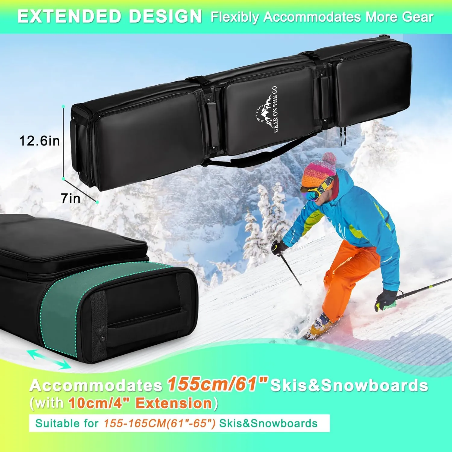 Double Rolling Ski Bag Padded Waterproof Snowboard Bag with Wheels for Air Travel Wheeled Ski Bag for Snowboard or Skis Accommodates Ski Boot