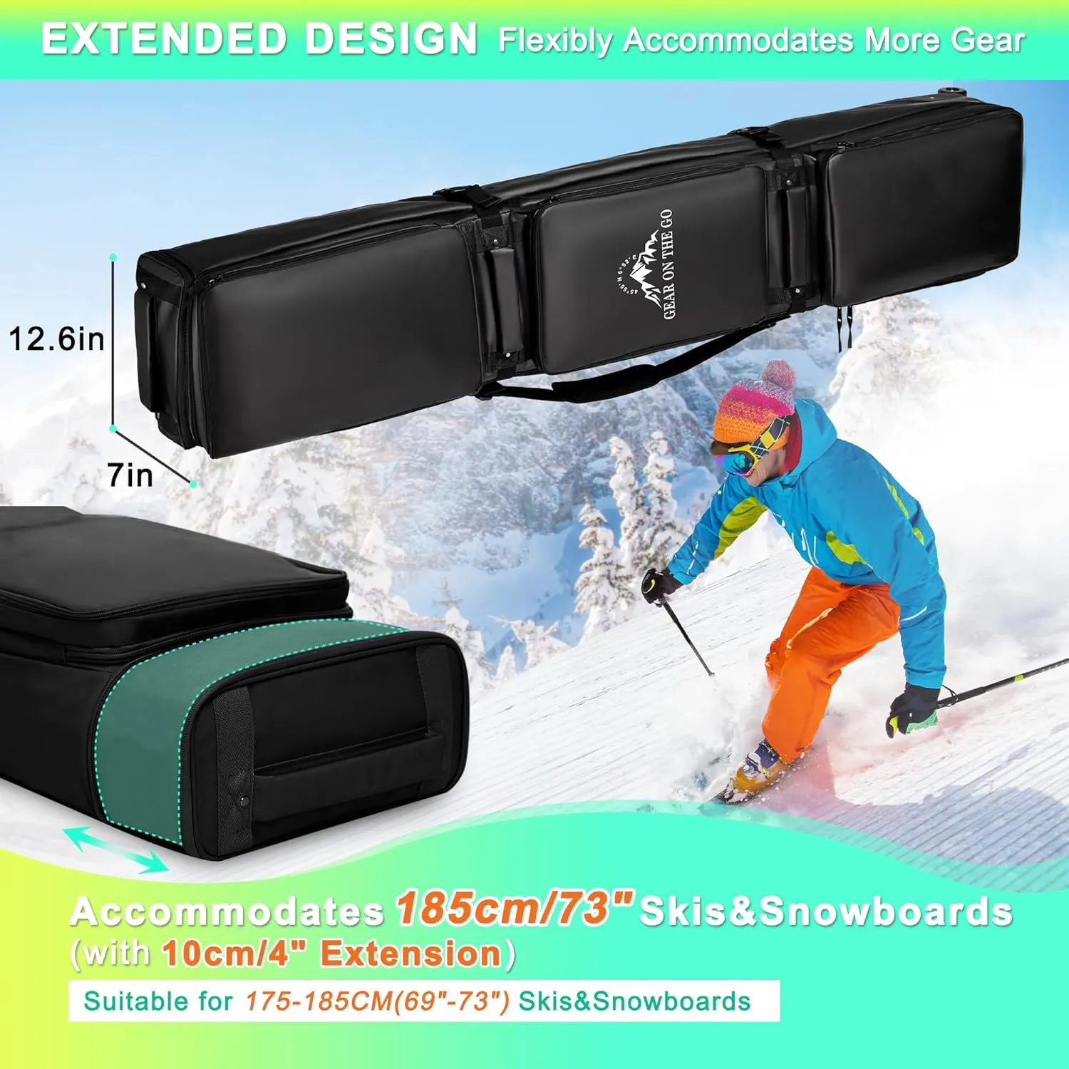 Double Rolling Ski Bag Padded Waterproof Snowboard Bag with Wheels for Air Travel Wheeled Ski Bag for Snowboard or Skis Accommodates Ski Boot