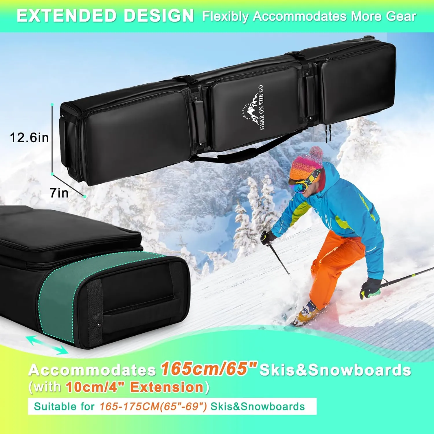 Double Rolling Ski Bag Padded Waterproof Snowboard Bag with Wheels for Air Travel Wheeled Ski Bag for Snowboard or Skis Accommodates Ski Boot