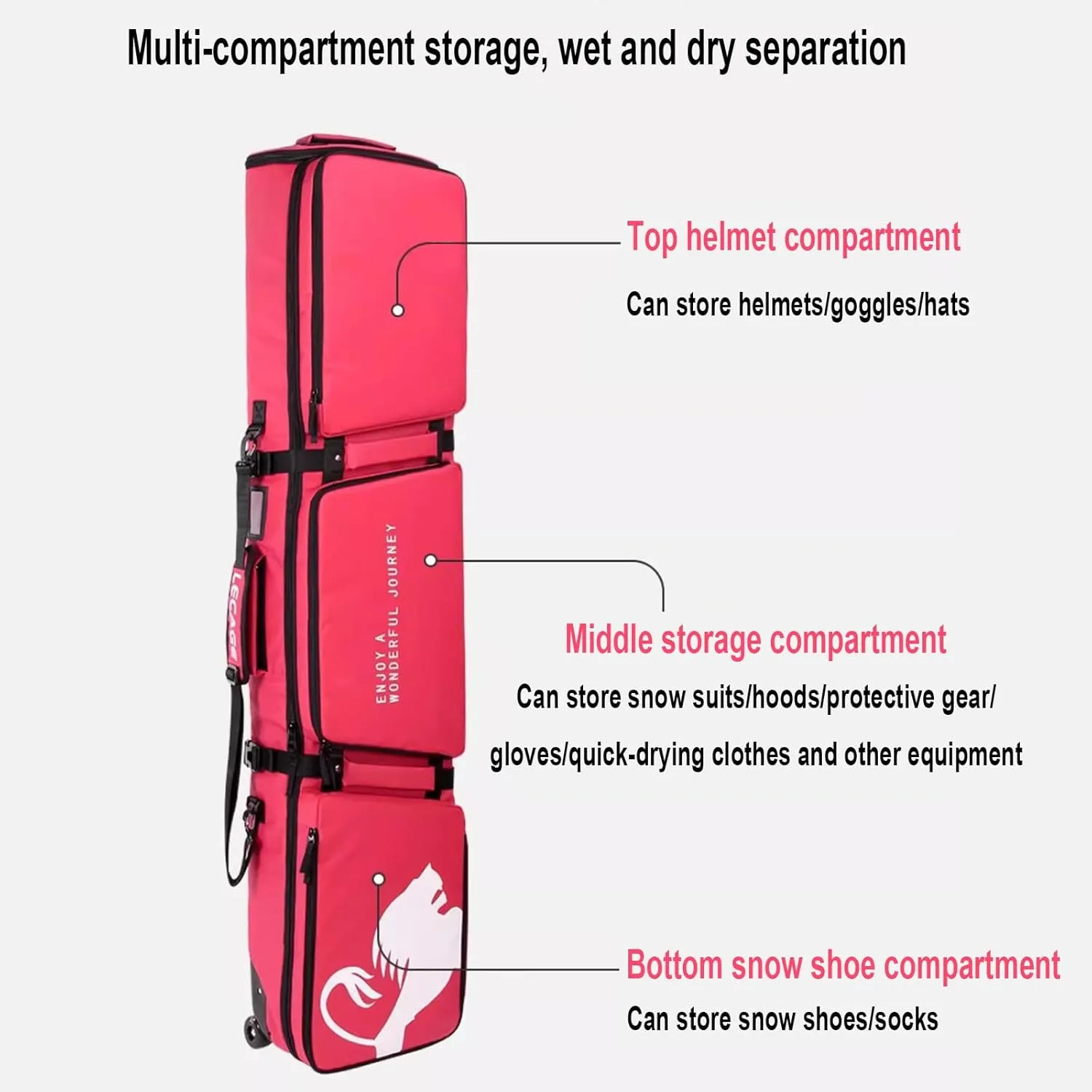Double Rolling Ski Bag Snow Roller Bag - Ski Bag with Wheels Foldable Wheeled Ski Bag for Single Ski or 2 Sets Skis Accommodates Ski Boot
