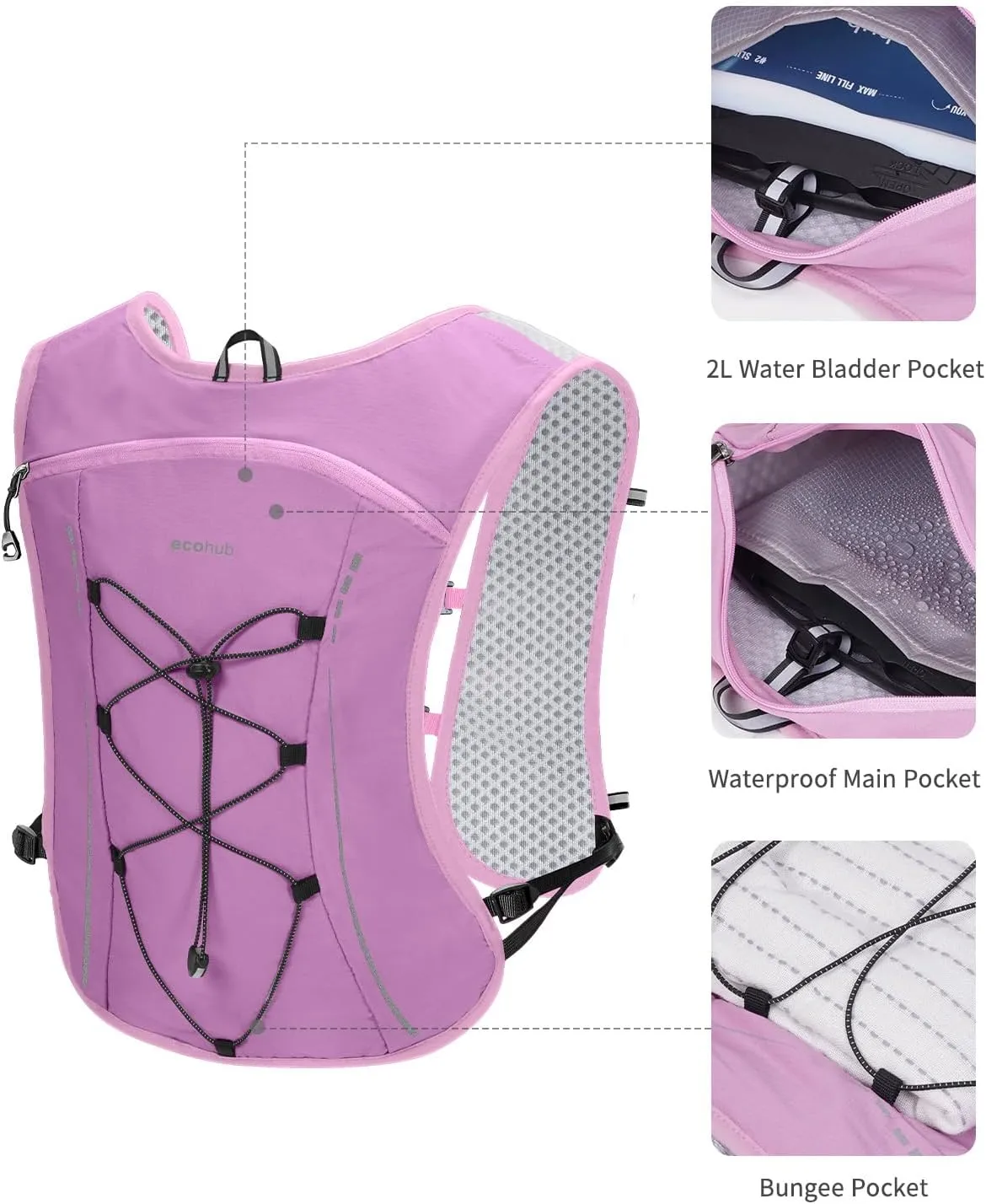 ECOHUB Running Hydration Vest Backpack, Lightweight Breathable Pack with 2L Water Bladder Bag Daypack for Hiking Trail Running Cycling Race Marathon for Women Men