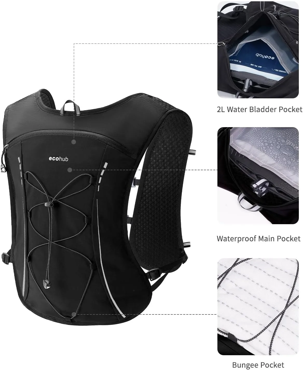 ECOHUB Running Hydration Vest Backpack, Lightweight Breathable Pack with 2L Water Bladder Bag Daypack for Hiking Trail Running Cycling Race Marathon for Women Men