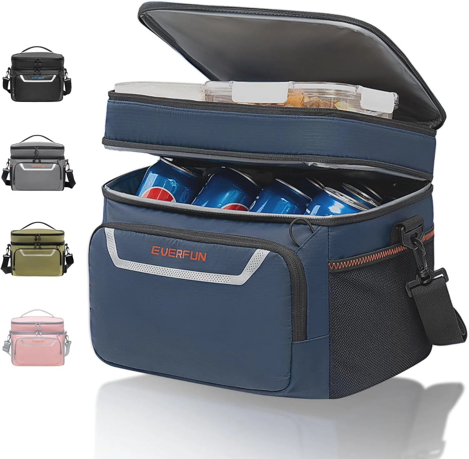 EVERFUN Small Lunch Box Insulated Cooler Bag Mini Cooler 24 Can Soft Sided Lunch Bag for Men Women Ice Chest Double Deck Portable Personal Collapsible Waterproof Leak-Proof for Work Travel Car, Navy