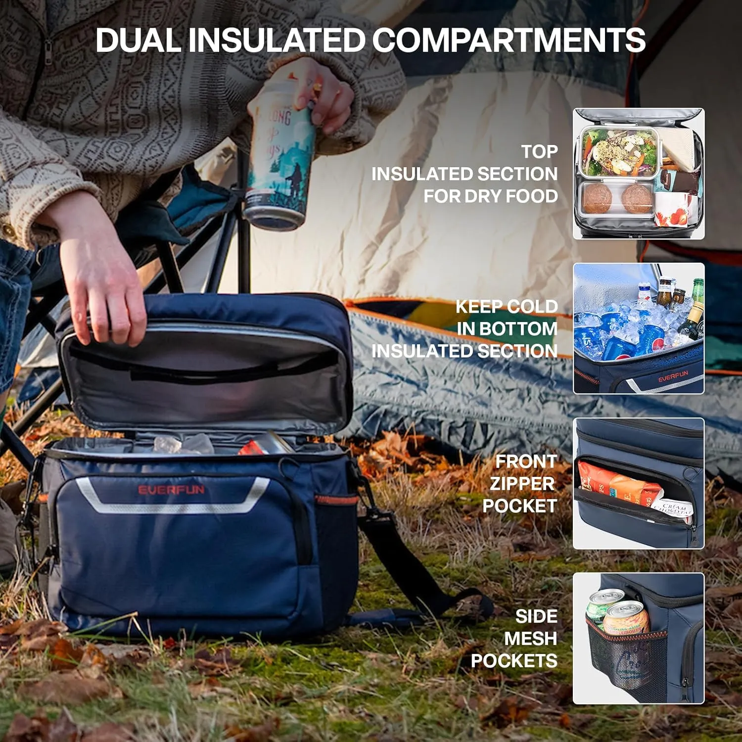 EVERFUN Small Lunch Box Insulated Cooler Bag Mini Cooler 24 Can Soft Sided Lunch Bag for Men Women Ice Chest Double Deck Portable Personal Collapsible Waterproof Leak-Proof for Work Travel Car, Navy