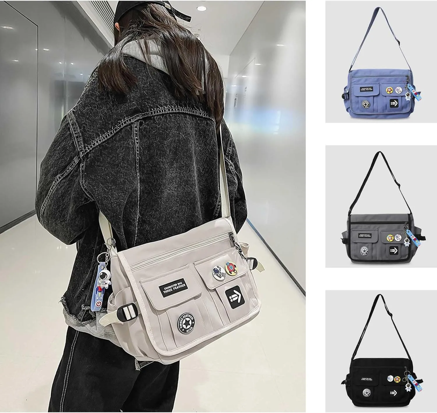 Fashion Crossbody Bag with Cute Accessories Nylon Casual Messenger Bag with Pendant Lightweight Handbag Travel Daypacks (White)