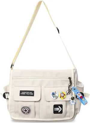 Fashion Crossbody Bag with Cute Accessories Nylon Casual Messenger Bag with Pendant Lightweight Handbag Travel Daypacks (White)
