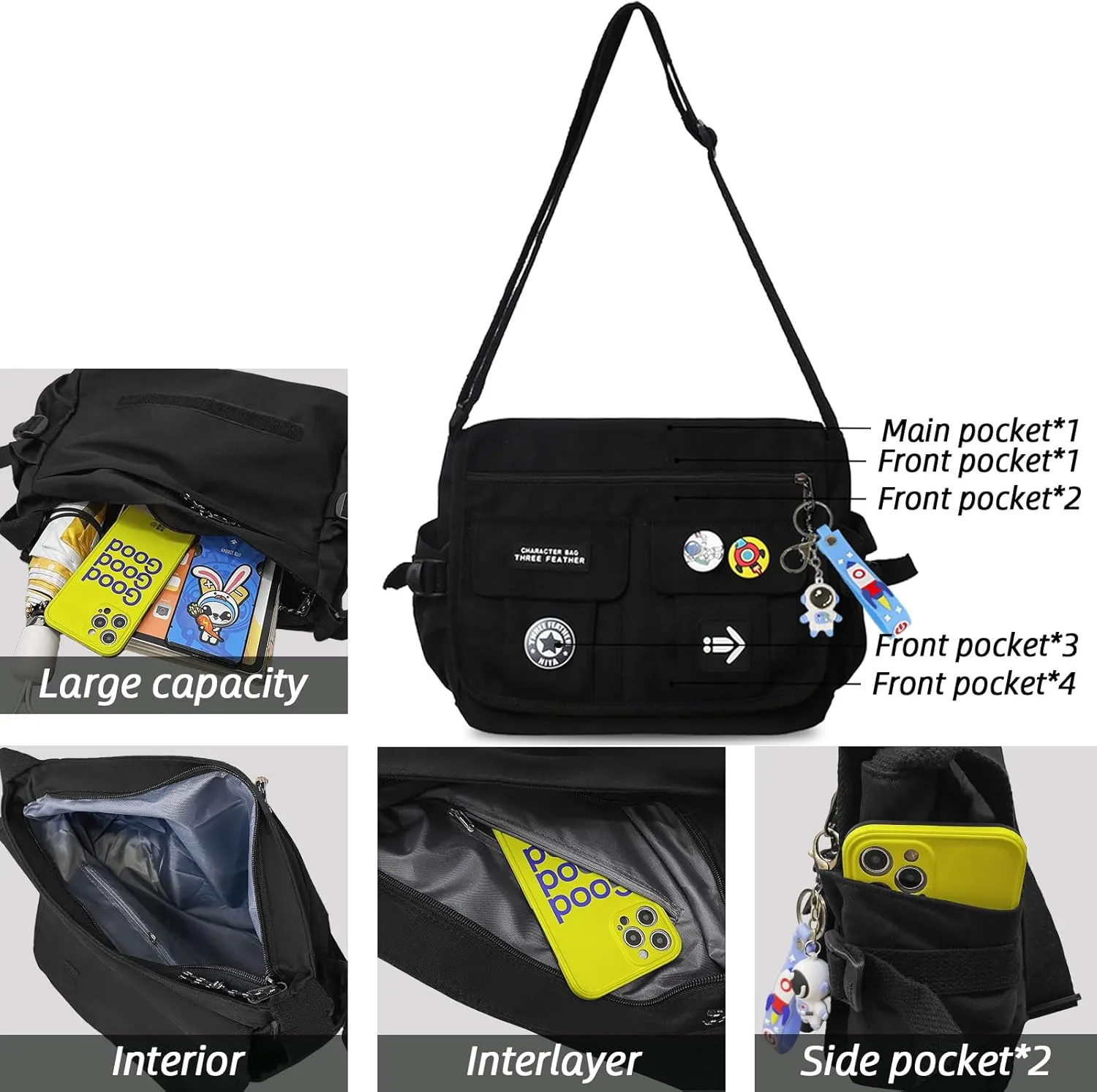 Fashion Crossbody Bag with Cute Accessories Nylon Casual Messenger Bag with Pendant Lightweight Handbag Travel Daypacks (White)