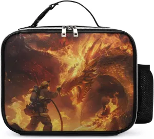 Firefighter Fighting Against Flames Dragon Insulated Cooler Leather Lunch Bag Meal Tote Handbags with Adjustable Handle Strap Side Pocket