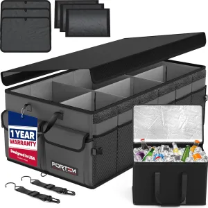 FORTEM Car Trunk Organizer with Cooler, Collapsible Multi Compartment SUV Organizer, Foldable Storage for Car Accessories for Women Men, 600D Oxford, Non Slip Bottom, Securing Straps Soft Cover (105L)