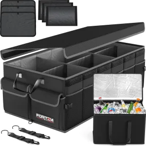 FORTEM Car Trunk Organizer with Cooler, Collapsible Multi Compartment SUV Organizer, Foldable Storage for Car Accessories for Women Men, 600D Oxford, Non Slip Bottom, Securing Straps Soft Cover (105L)