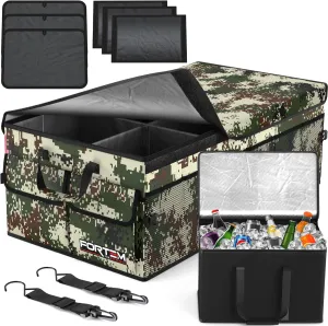FORTEM Car Trunk Organizer with Cooler, Collapsible Multi Compartment SUV Organizer, Foldable Storage for Car Accessories for Women Men, 600D Oxford, Non Slip Bottom, Securing Straps Soft Cover (105L)