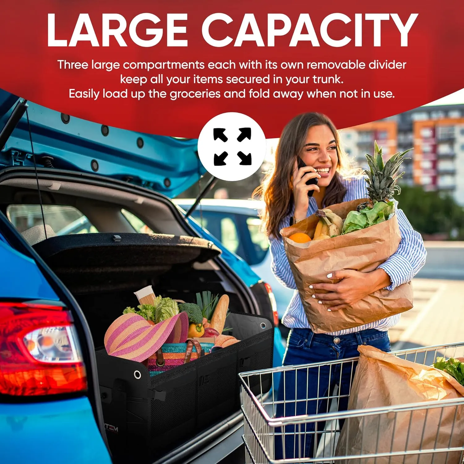 FORTEM SUV Trunk Organizer, Car Organizer, Collapsible Multi-Compartment Storage Bag for Car Accessories for Women Men, 1680D Oxford, Non Slip Bottom, Adjustable Straps, Soft Cover (90L)