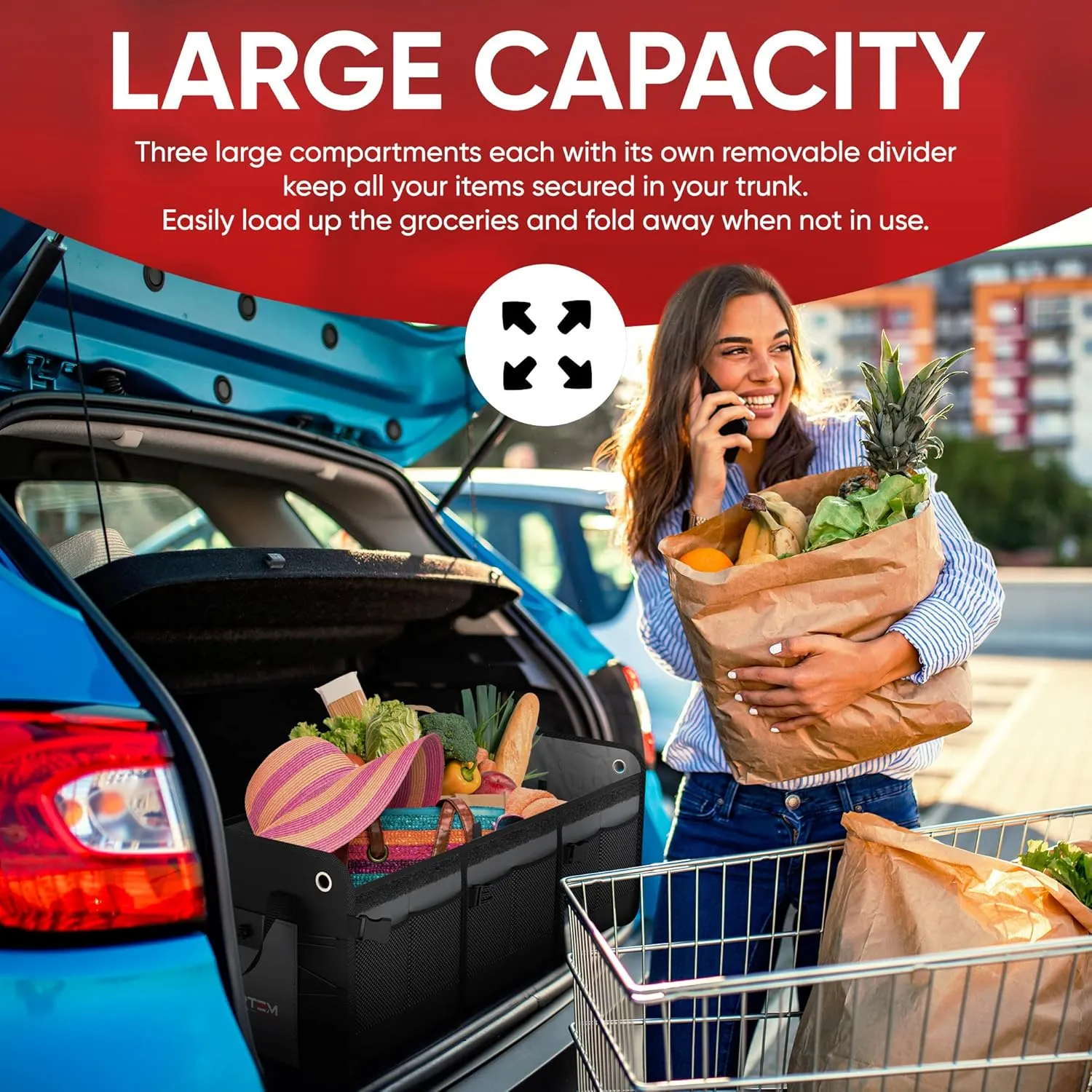 FORTEM SUV Trunk Organizer, Car Organizer, Collapsible Multi-Compartment Storage Bag for Car Accessories for Women Men, Non Slip Bottom, Adjustable Straps, Soft Cover (Extra Large, Grey)