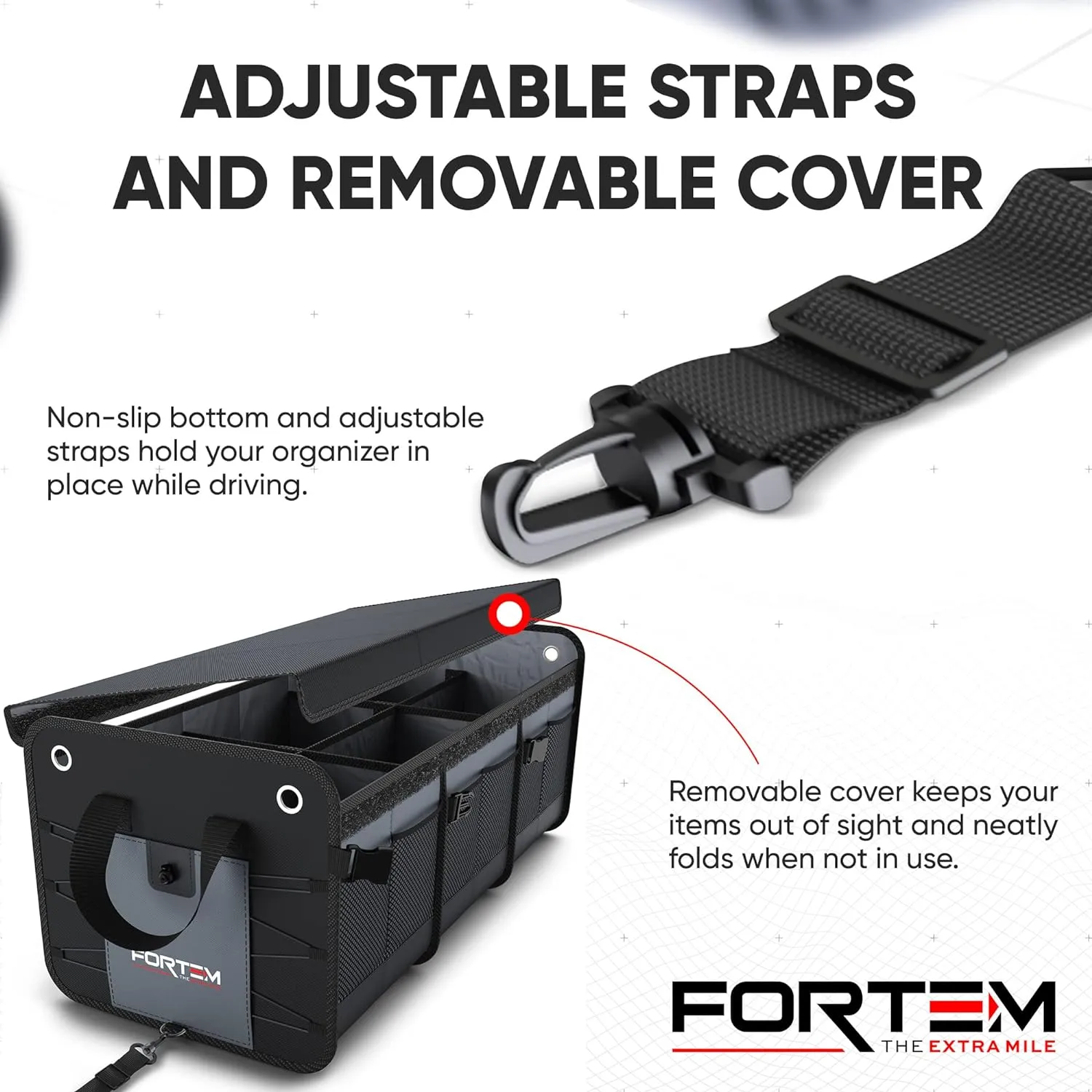 FORTEM SUV Trunk Organizer, Car Organizer, Collapsible Multi-Compartment Storage Bag for Car Accessories for Women Men, Non Slip Bottom, Adjustable Straps, Soft Cover (Extra Large, Grey)