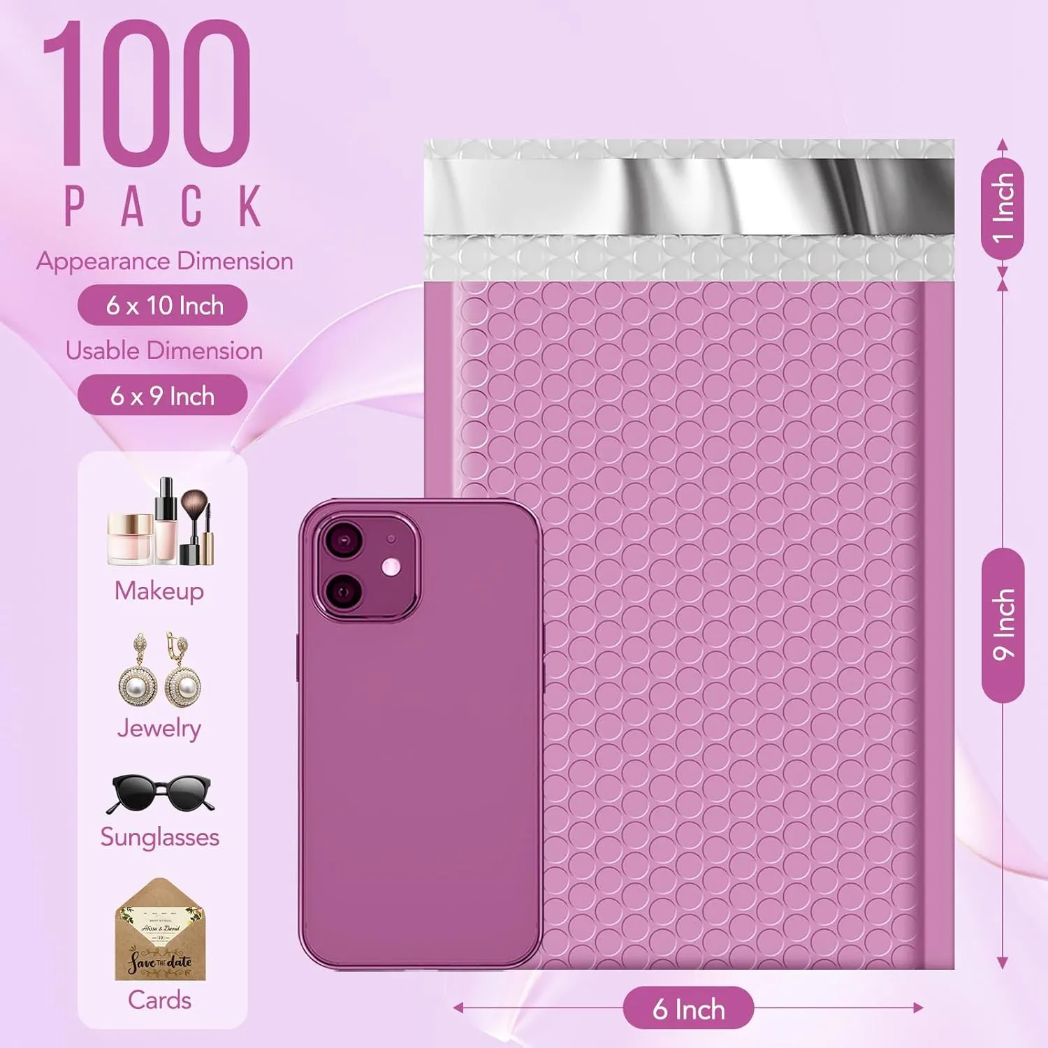 Fuxury Bubble Mailers 6x10" 100 Pack, Pinkish Purple Padded Envelopes Usable Size 6x9" Self Seal Mailing Envelopes Bubble Padded Shipping Bags for Mailing,Packaging, Small Business