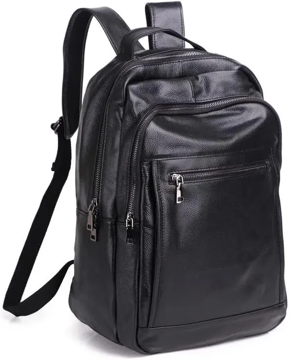 Genuine Leather Backpack Purse for Men, 15.6 inch Laptop Backpack, Cowhide Shoulder Bag, Black Daypack Travel Backpack Rucksack Business Office Bag