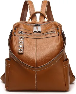 Genuine Leather Backpack Purse For Women Brown Real Soft Leather Travel Fashion Designer Convertible Ladies Shoulder Bag