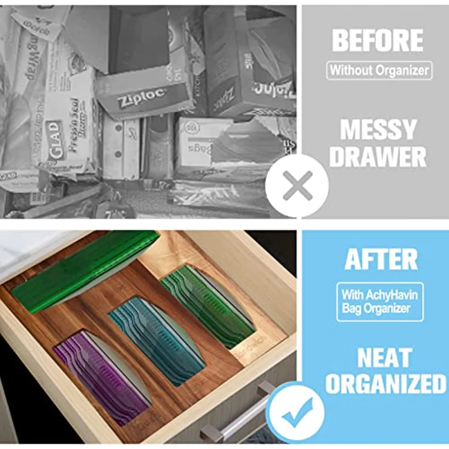 GEYILO Ziplock Bag Storage Organizer, Wood Kitchen Food Storage Bag Organizer Dispenser Box for Drawer, Compatible with Gallon, Quart, Sandwich and Snack Variety Size Bag